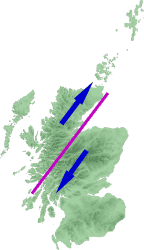 Great Glen Fault cutting through Scotland.
